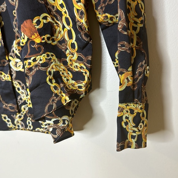 New Marciano logo guess gold chain printed long sleeve collar button blouse S - Picture 8 of 9
